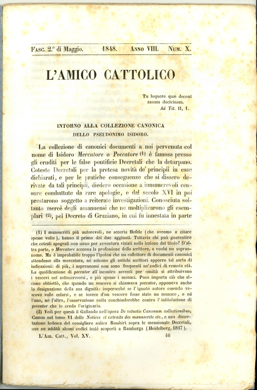 Giornale, rivista storica 1848 L AMICO CATTOLICO Pio IX sui beni della Chiesa in Francia Rivista nÂ° 10 1