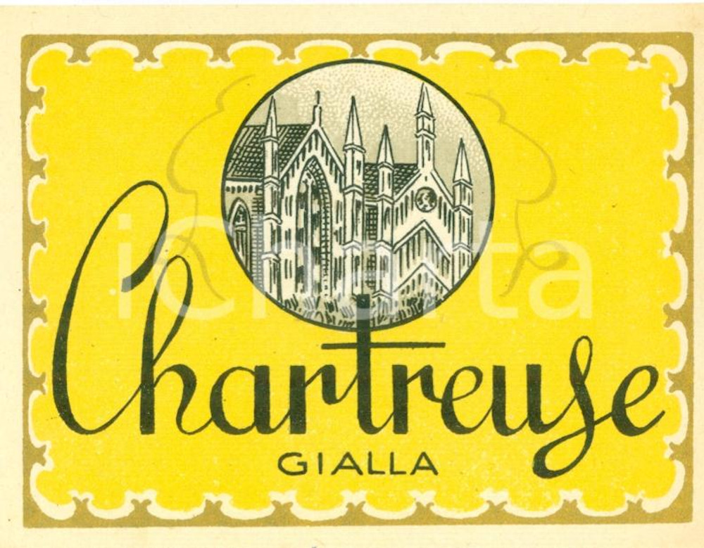 Materiale pubblicitario d’epoca 1950 ca CHARTREUSE GIALLA liquore etichetta ILLUSTRATA a colori 1