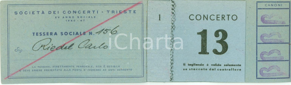 Oggetto da collezione cartaceo 1946 TRIESTE SocietÃ  dei concerti Tessera con 8 TAGLIANDI 1