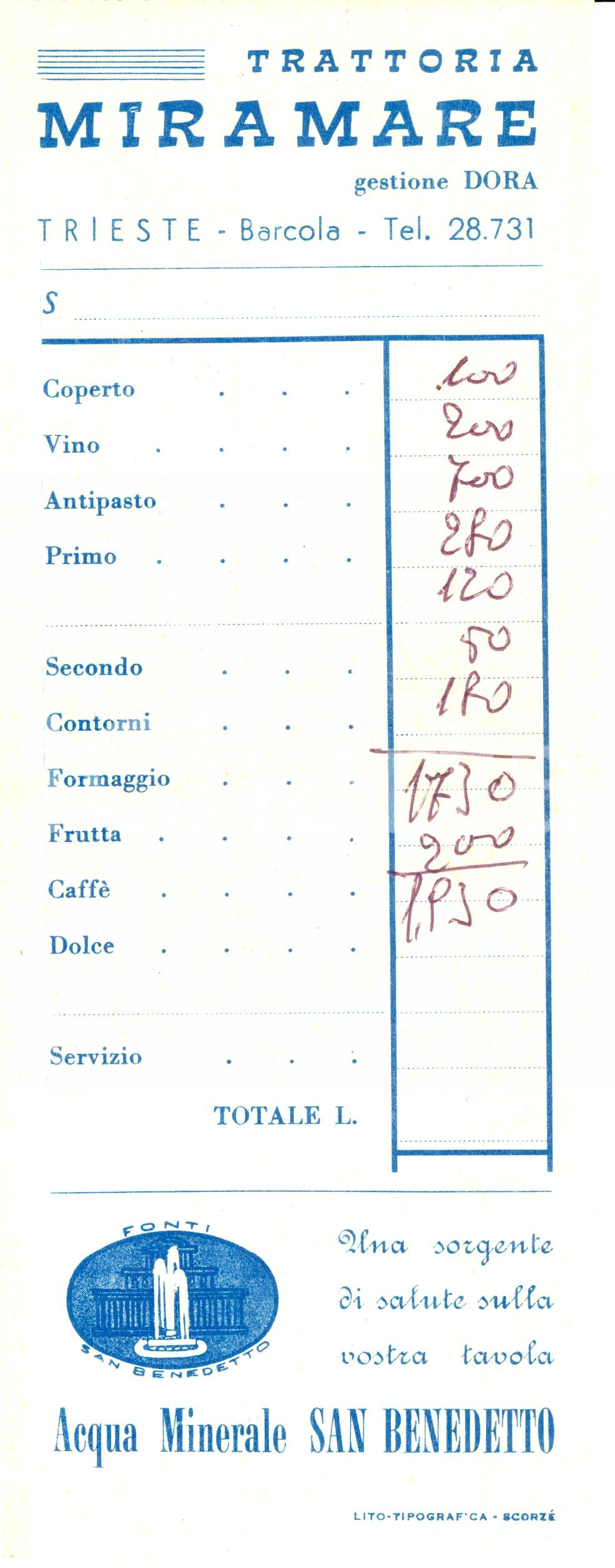 Oggetto da collezione cartaceo 1945 ca TRIESTE Frazione BARCOLA Trattoria MIRAMARE gestione DORA Fattura 1
