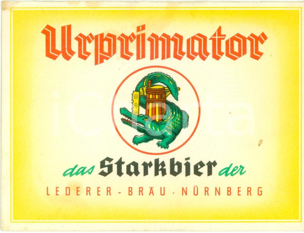 Materiale pubblicitario d’epoca 1955 ca NURNBERG DE Birra URPRIMATOR pubblicitÃ  da tavolo ILLUSTRATA 1
