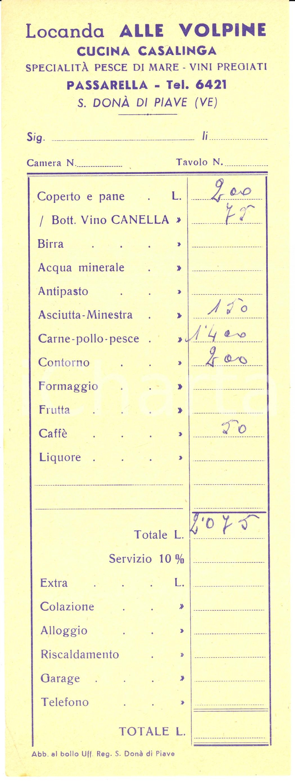 Oggetto da collezione cartaceo 1950 ca SAN DONA  DI PIAVE Locanda ALLE VOLPINE frazione PASSARELLA Fattura 1