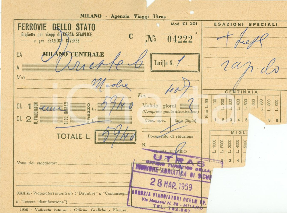 Oggetto da collezione cartaceo 1959 FERROVIE DELLO STATO Biglietto ferroviario MILANO  TRIESTE DANNEGGIATO 1