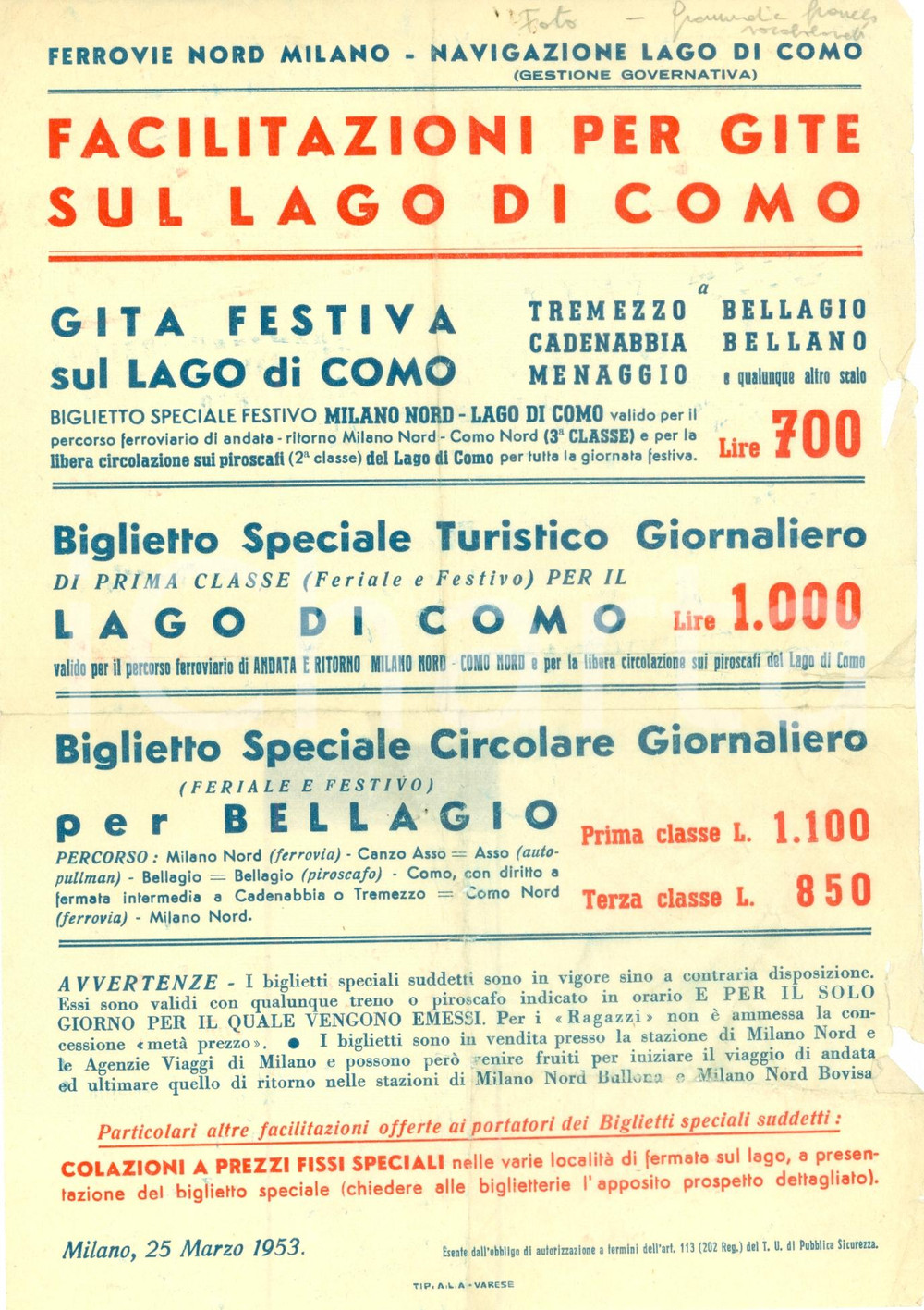 Materiale pubblicitario d’epoca 1953 FERROVIE NORD MILANO Facilitazioni gite su Lago COMO Volantino DANNEGGIATO 1
