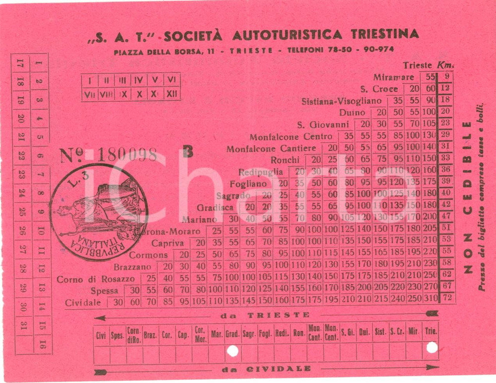Materiale pubblicitario d’epoca 1955 ca TRIESTE SocietÃ  Autoturistica Triestina S.A.T. linee per CIVIDALE 1