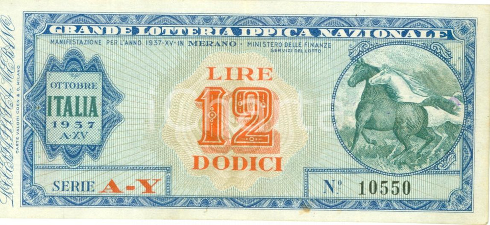 Documento originale, autentico 1937 MERANO BZ Grande lotteria ippica nazionale Biglietto dodici 12 lire 1
