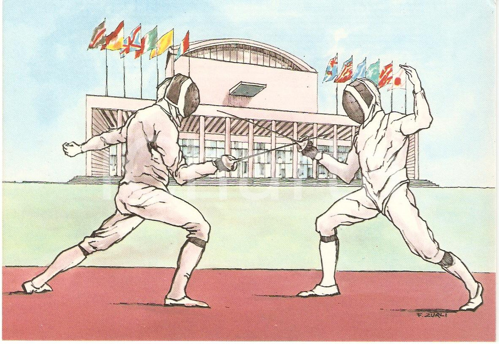 Cartolina originale da collezione 1960 ROMA XVII OLIMPIADE Scherma PALAZZO CONGRESSI Ill. ZURLI Cartolina 4 1