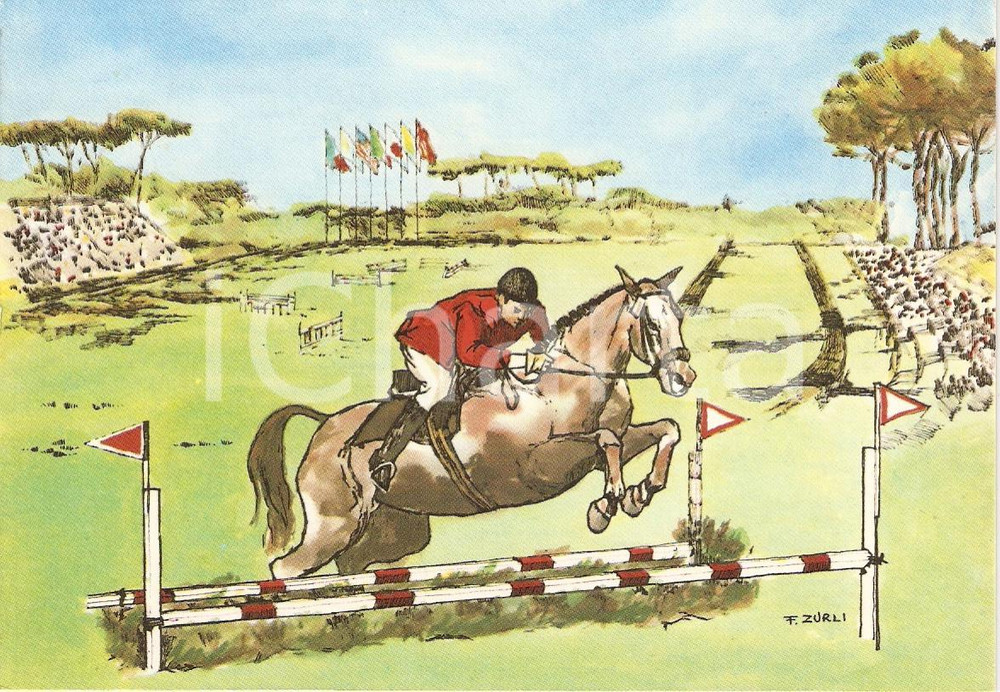 Cartolina originale da collezione 1960 ROMA XVII OLIMPIADE Equitazione PRATONI VIVARO Ill. ZURLI Cartolina 1 1