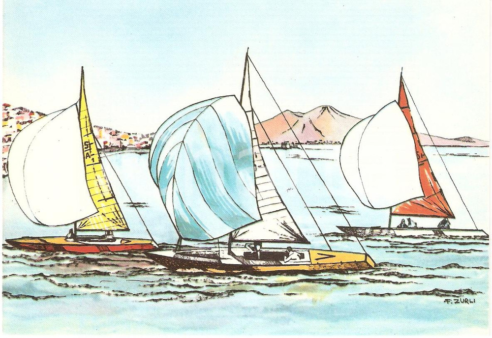 Cartolina originale da collezione 1960 ROMA XVII OLIMPIADE Gara di Vela GOLFO DI NAPOLI Ill. ZURLI Cartolina 1 1