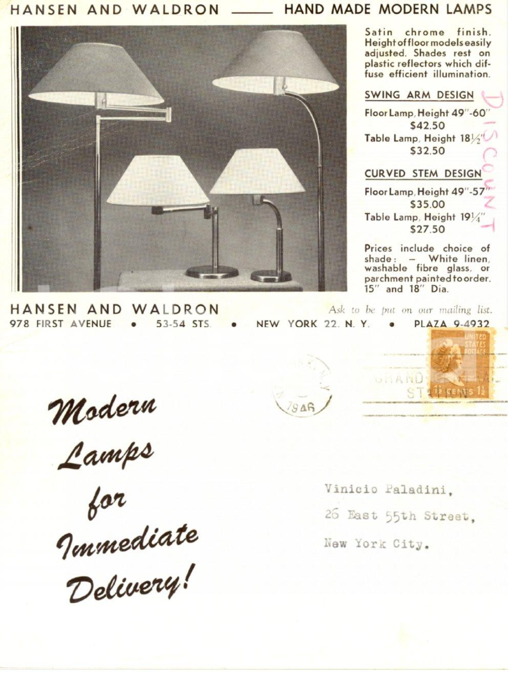 Materiale pubblicitario d’epoca 1946 NEW YORK USA Lampade HANSEN and WALDRON per Vinicio PALADINI Cartolina VG 1