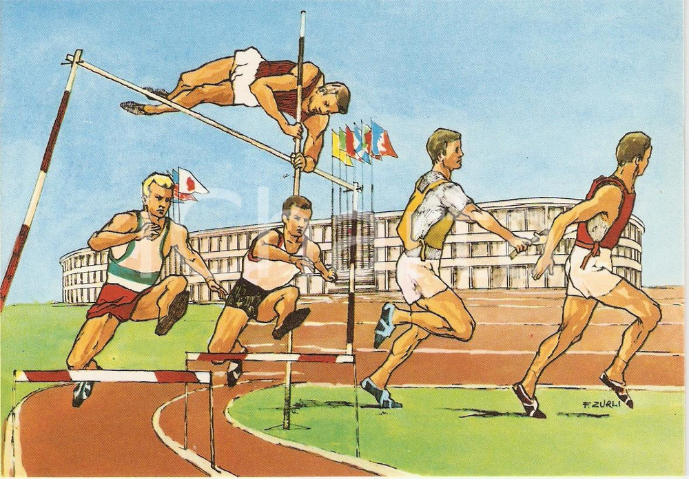 Cartolina originale da collezione 1960 ROMA XVII OLIMPIADE Atletica STADIO OLIMPICO Ill. ZURLI Cartolina 2 1