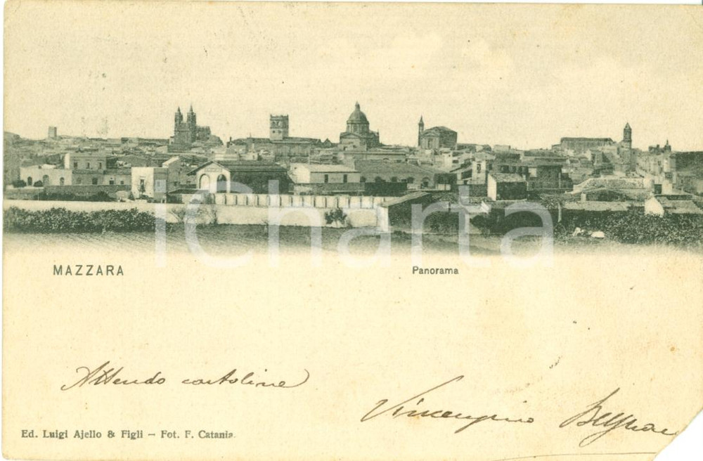 Cartolina originale da collezione 1907 MAZARA DEL VALLO TP Panorama della cittÃ  Cartolina FP VG ritagliata 1