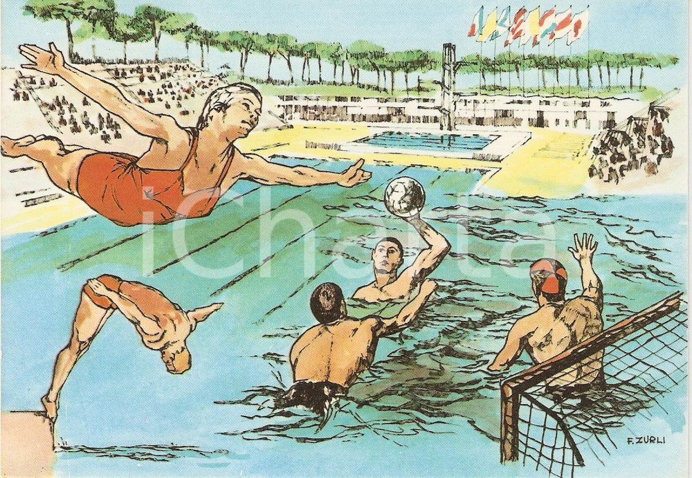 Cartolina originale da collezione 1960 ROMA XVII OLIMPIADE Pallanuoto STADIO DEL NUOTO Ill. ZURLI Cartolina 2 1