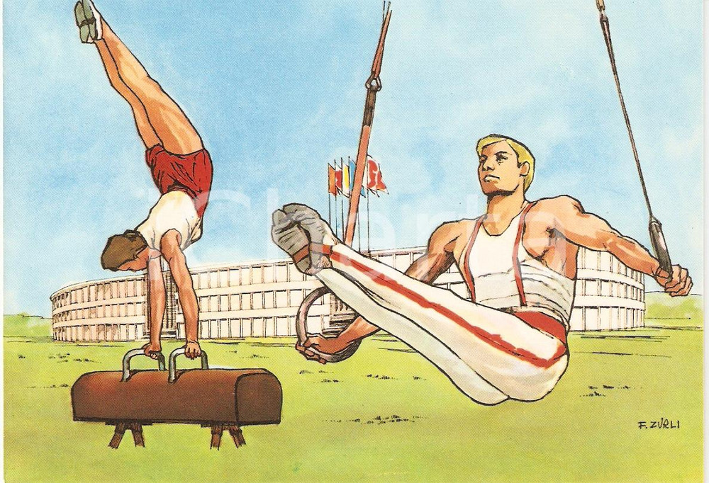 Cartolina originale da collezione 1960 ROMA XVII OLIMPIADE Ginnasti STADIO OLIMPICO Illustrata ZURLI Cartolina 2 1