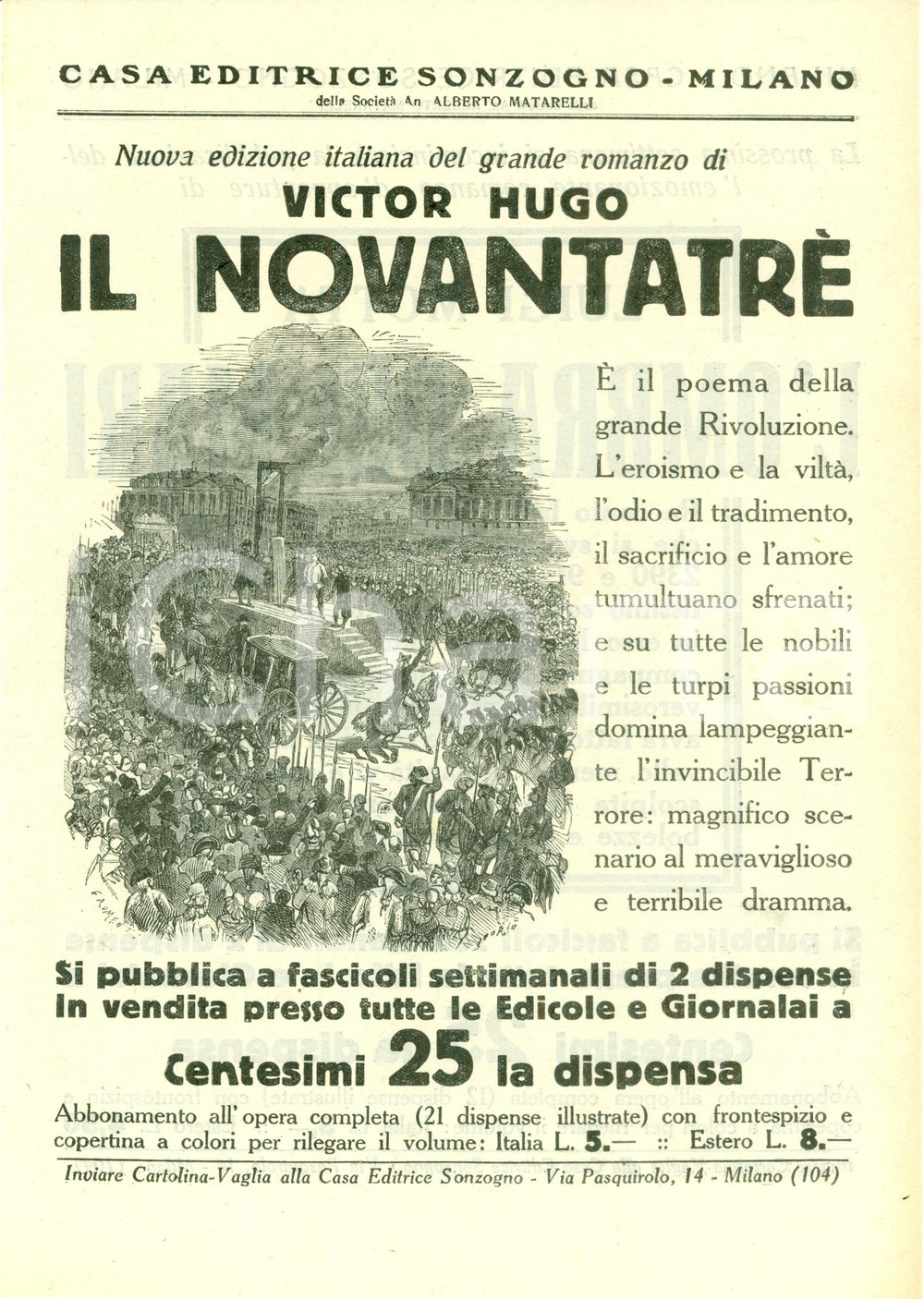 Oggetto da collezione cartaceo 1925 ca SONZOGNO Victor HUGO Il NovantatrÃ© Luigi MOTTA Ombra dei mari VOLANTINO 1