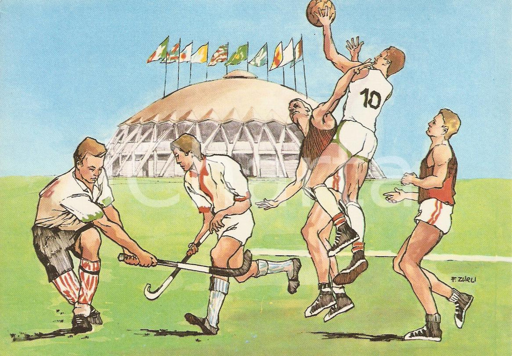 Cartolina originale da collezione 1960 ROMA XVII OLIMPIADE Basket PALAZZETTO DELLO SPORT Ill. ZURLI FG NV 3 1