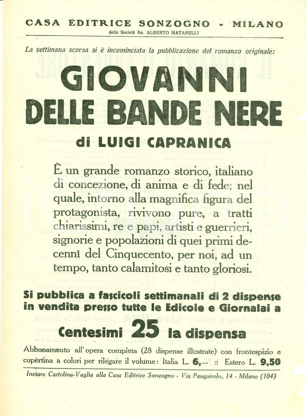 Oggetto da collezione cartaceo 1925 ca SONZOGNO Luigi CAPRANICA Giovanni delle BANDE NERE Volantino 1