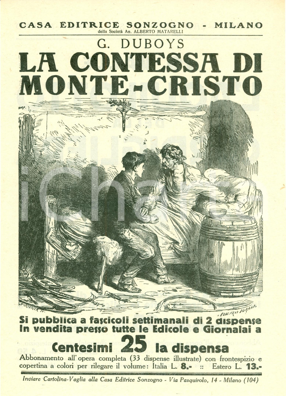 Oggetto da collezione cartaceo 1925 ca SONZOGNO Jean DUBOYS La contessa di Montecristo VOLANTINO ILLUSTRATO 1