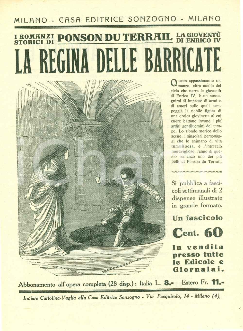 Oggetto da collezione cartaceo 1925 ca SONZOGNO Ponson du Terrail Regina delle barricate VOLANTINO ILLUSTRATO 1