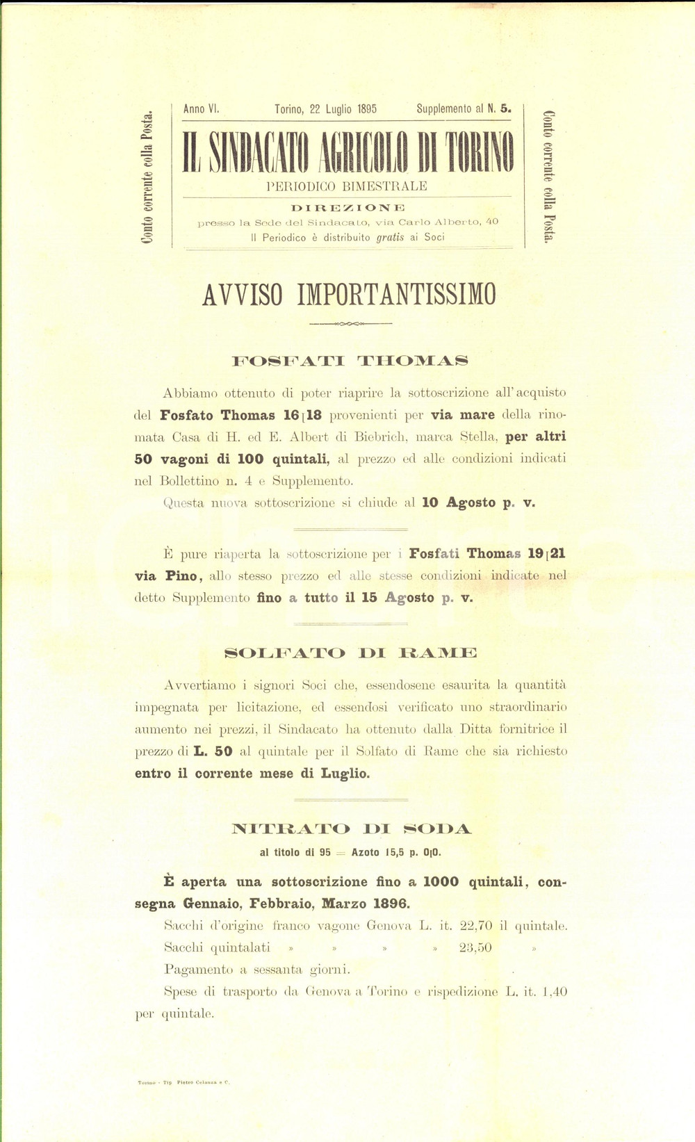 Documento originale, autentico 1895 TORINO SINDACATO AGRICOLO Sottoscrizione per fosfati THOMAS Manifesto 1