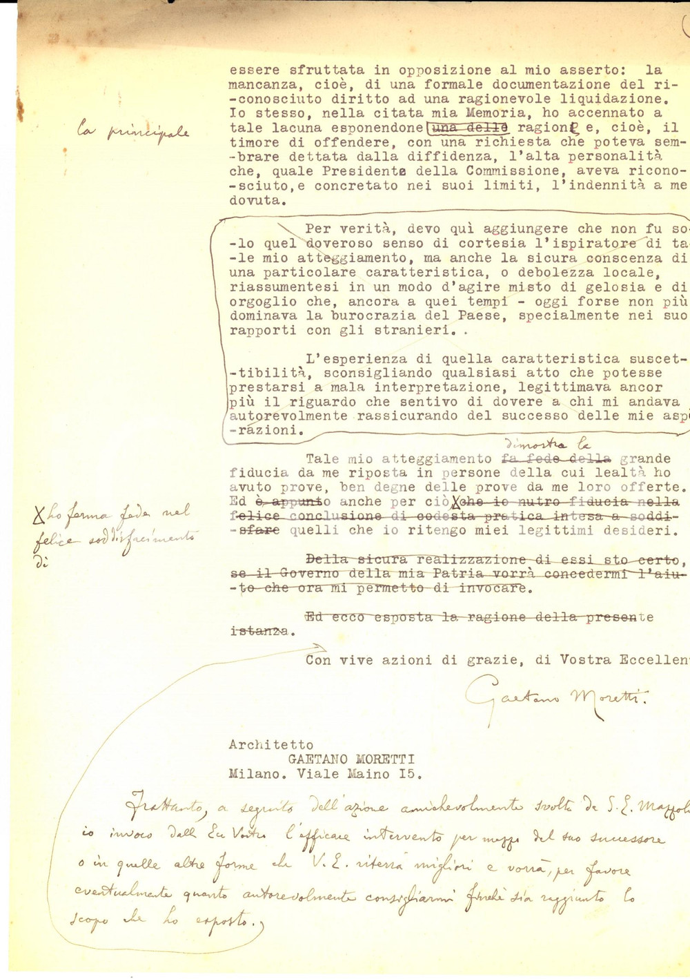 Autografo originale 1938 MILANO Gaetano MORETTI chiede compenso per Parlamento MONTEVIDEO Autografo 1