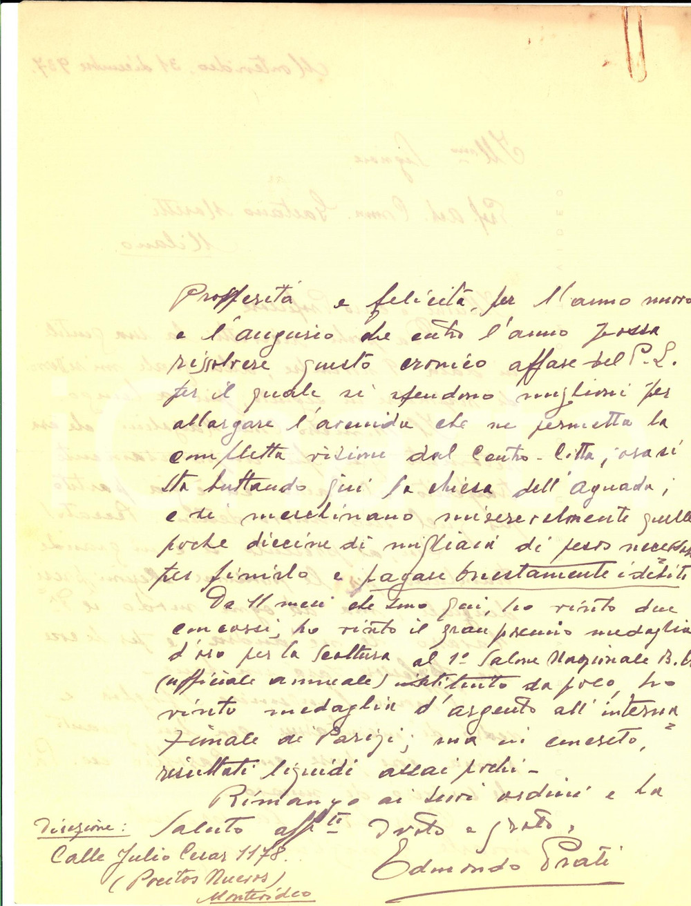 Autografo originale 1937 MONTEVIDEO Scultore Edmondo PRATI Molti premi, pochi denari AUTOGRAFO 1