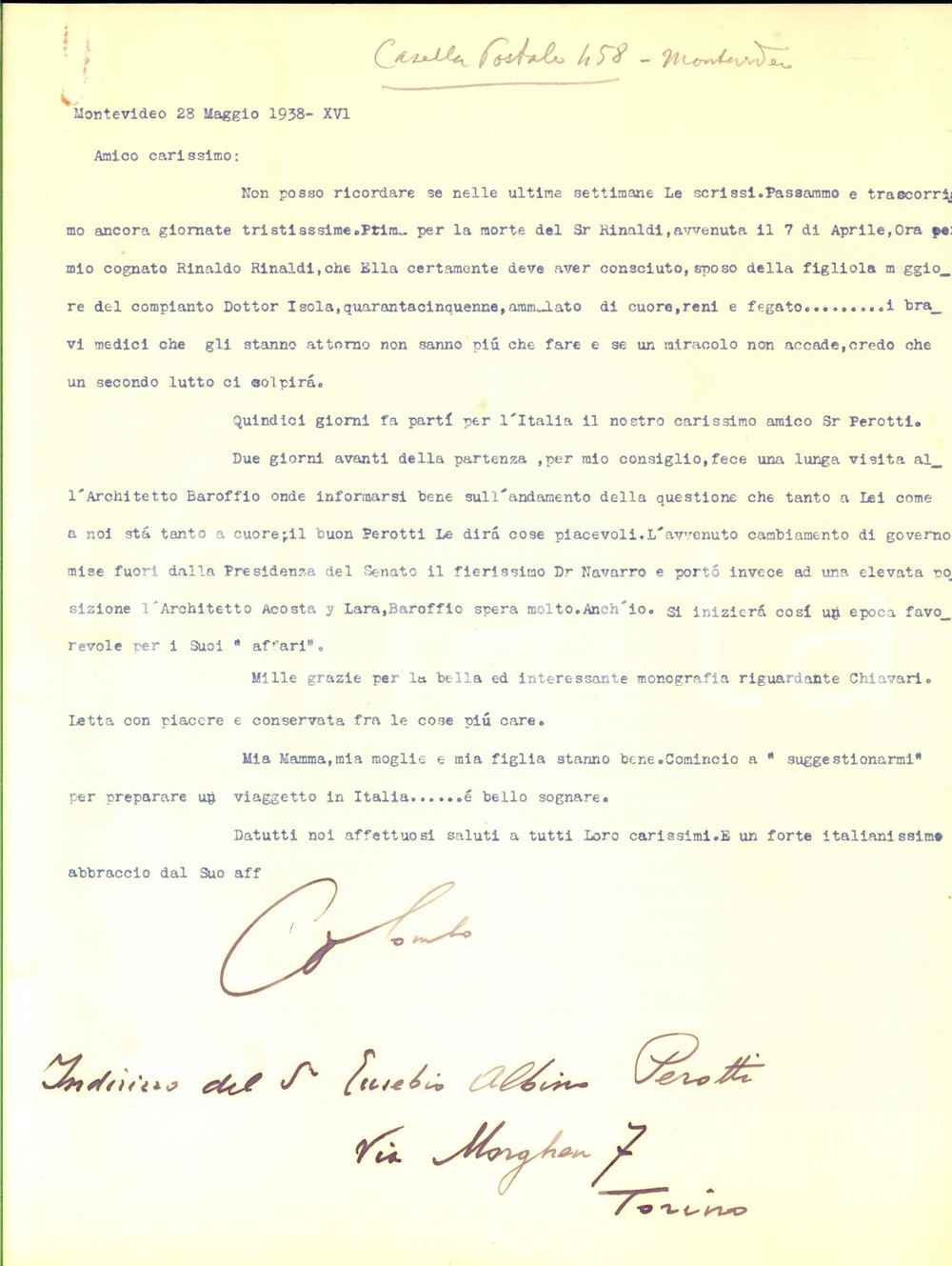 Autografo originale 1938 MONTEVIDEO Uruguay Carlo Alberto COLOMBO sul cambio di governo Autografo 1