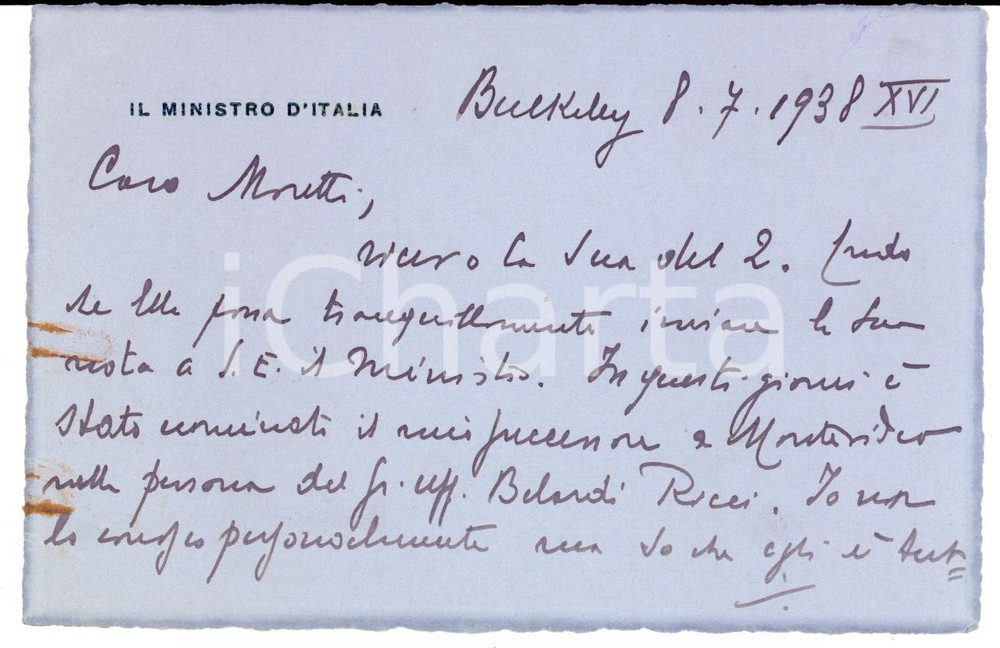 Autografo originale 1938 IL CAIRO Egypt Serafino MAZZOLINI pro Gaetano MORETTI AUTOGRAFO 1