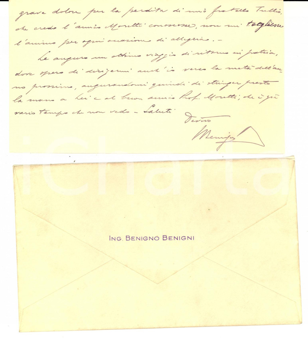Autografo originale 1926 MILANO Ing. Benigno BENIGNI provato da lutto familiare AUTOGRAFO 1