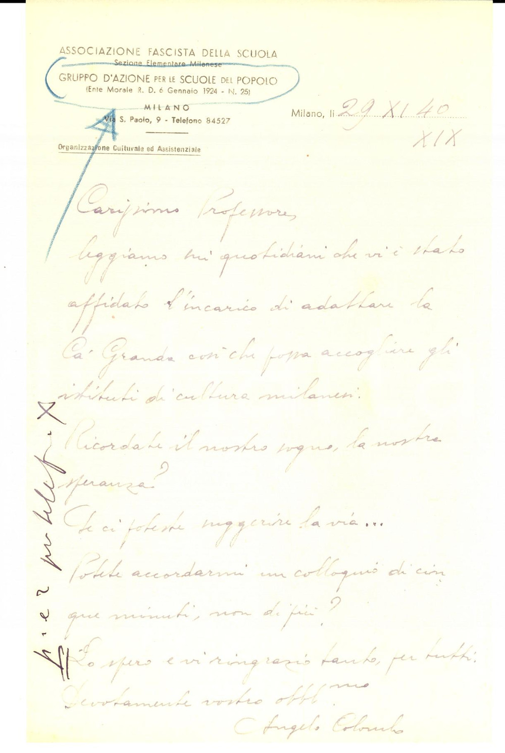 Autografo originale 1940 MILANO Angelo COLOMBO chiede sede per Gruppo d Azione SCUOLE DEL POPOLO 1