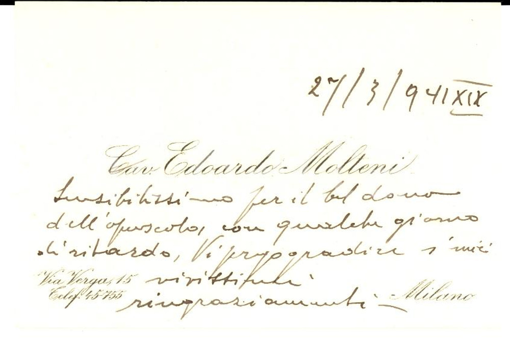 Autografo originale 1941 MILANO Biglietto da visita cav. Edoardo MOLTENI Autografo 1