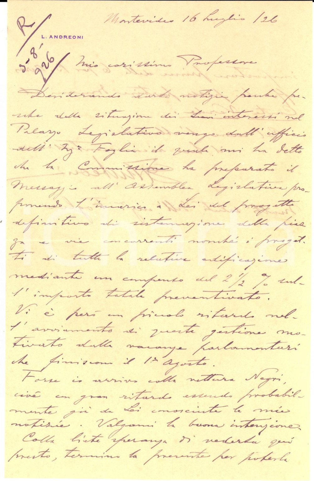 Autografo originale 1926 MONTEVIDEO Luigi ANDREONI su lavori alla piazza del Parlamento AUTOGRAFO 1