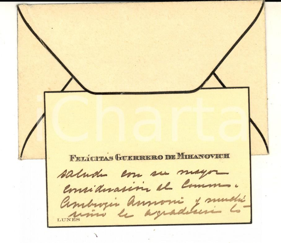 Autografo originale 1927 GENOVA Biglietto da visita Felicitas GUERRERO DE MIHANOVICH Autografo 1