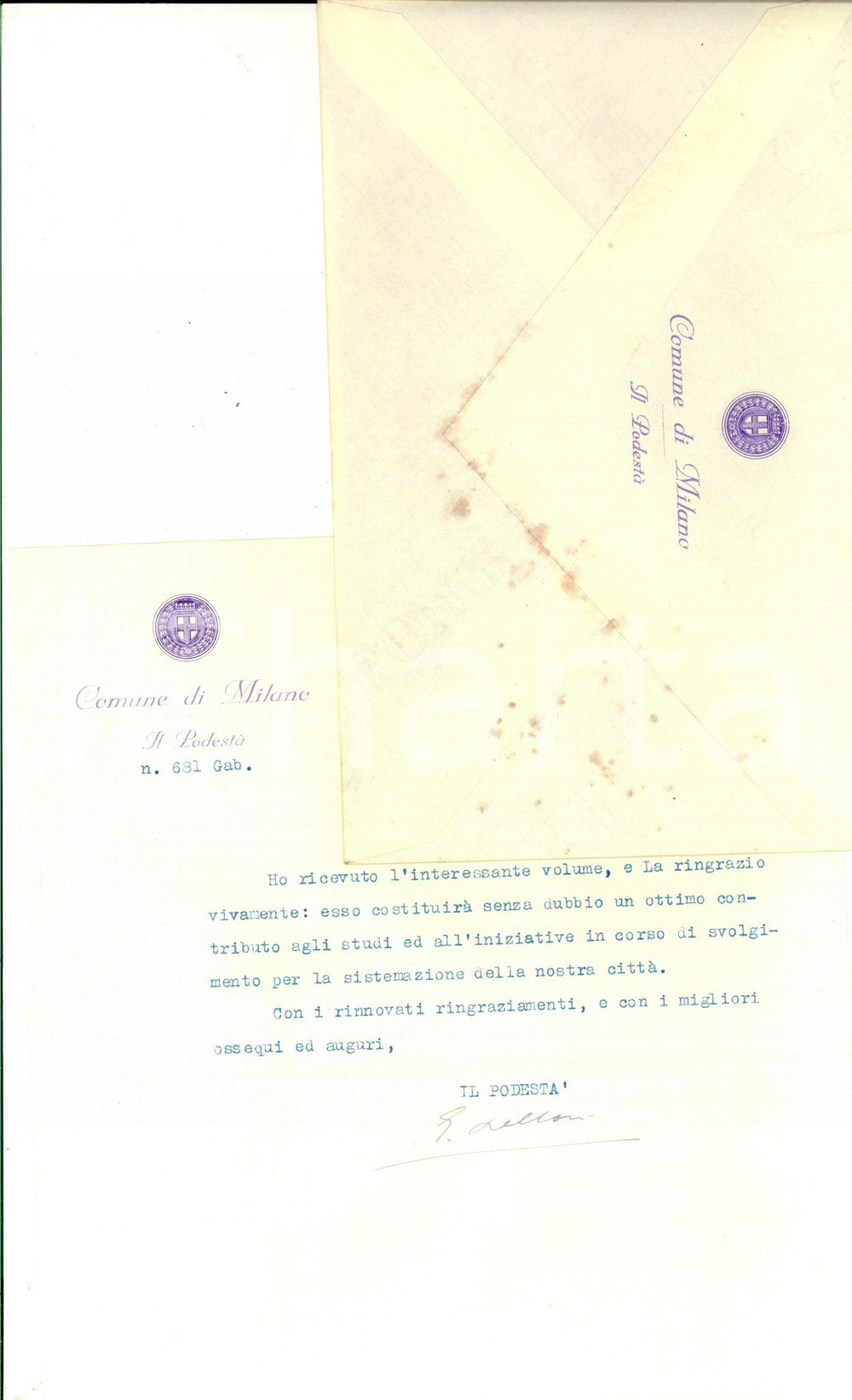 Autografo originale 1927 MILANO Ringraziamenti del podestÃ  Ernesto BELLONI AUTOGRAFO 1