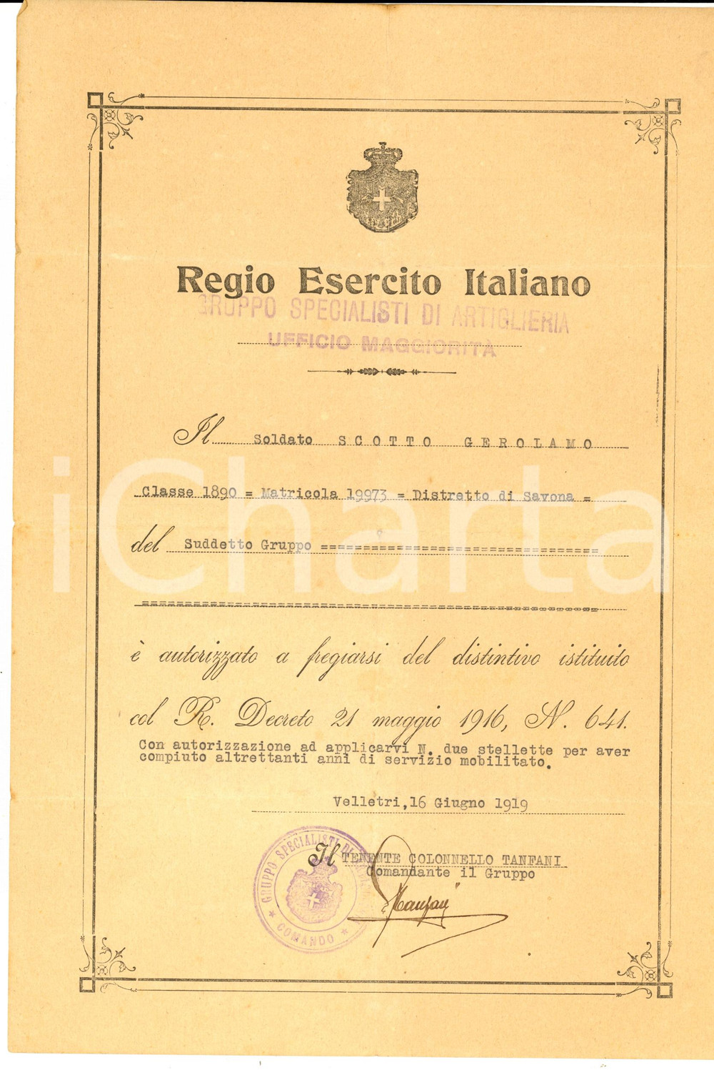 Documento originale, autentico 1919 Gerolamo SCOTTO Specialisti ARTIGLIERIA Medaglia fatiche di guerra 1