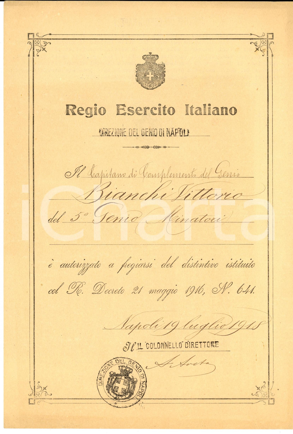Documento originale, autentico 1918 NAPOLI Vittorio BIANCHI 5 Genio MINATORI Medaglia fatiche di guerra 1