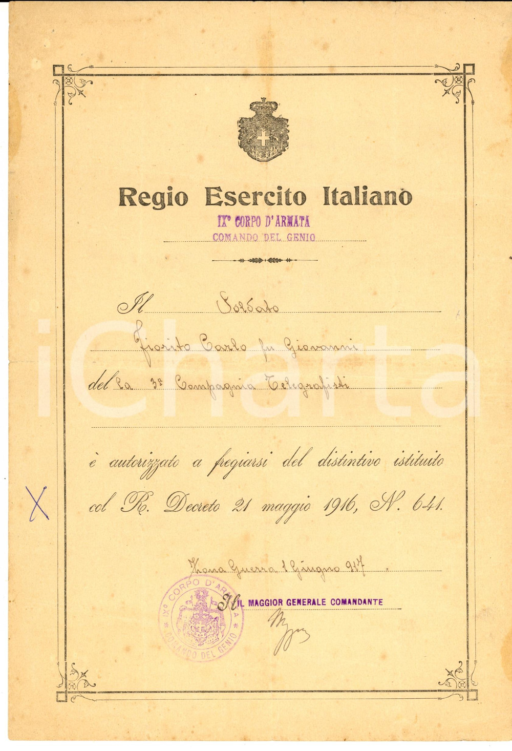 Documento originale, autentico 1917 WW1 Carlo FIORITO 3 Compagnia TELEGRAFISTI Medaglia fatiche di guerra 1