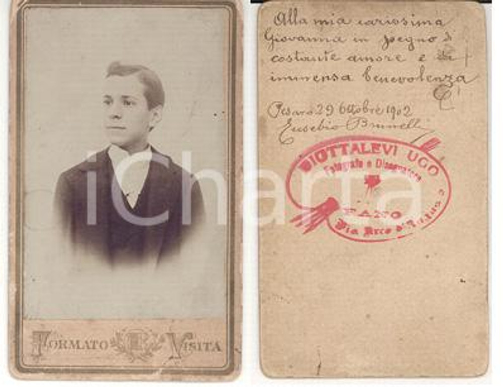 Fotografia d epoca originale 1902 PESARO Ritratto di Eusebio BRUNELLI Foto Ugo DIOTALLEVI Autografata 1