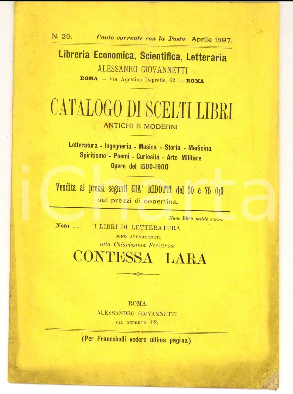 Documento originale, autentico 1897 ROMA Alessandro GIOVANNETTI Catalogo libri antichi e moderni CONTESSA LARA 1