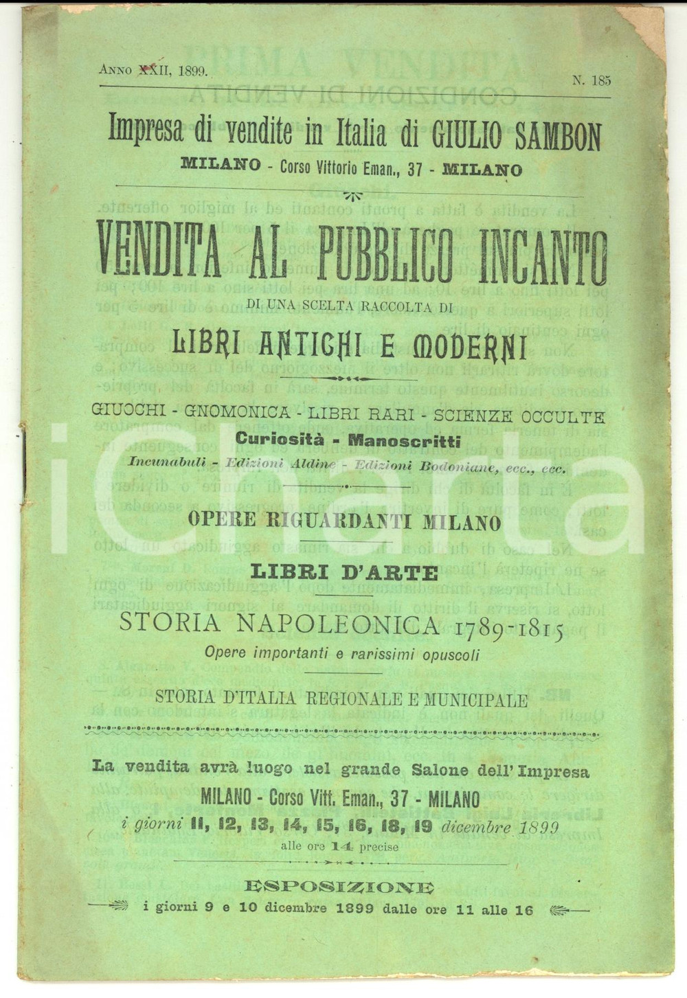 Documento originale, autentico 1899 MILANO Casa di vendite GIULIO SAMBON Catalogo asta libri napoleonici 1