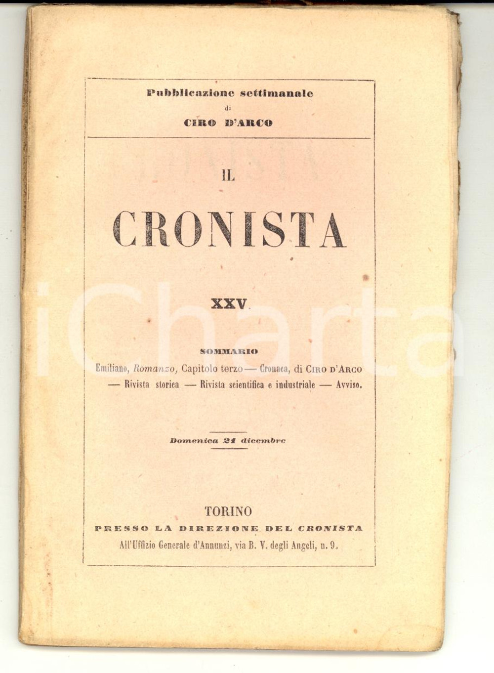 Giornale, rivista storica 1856 TORINO IL CRONISTA Pubblicazione settimanale di Ciro D ARCO  nÂ° 25 1