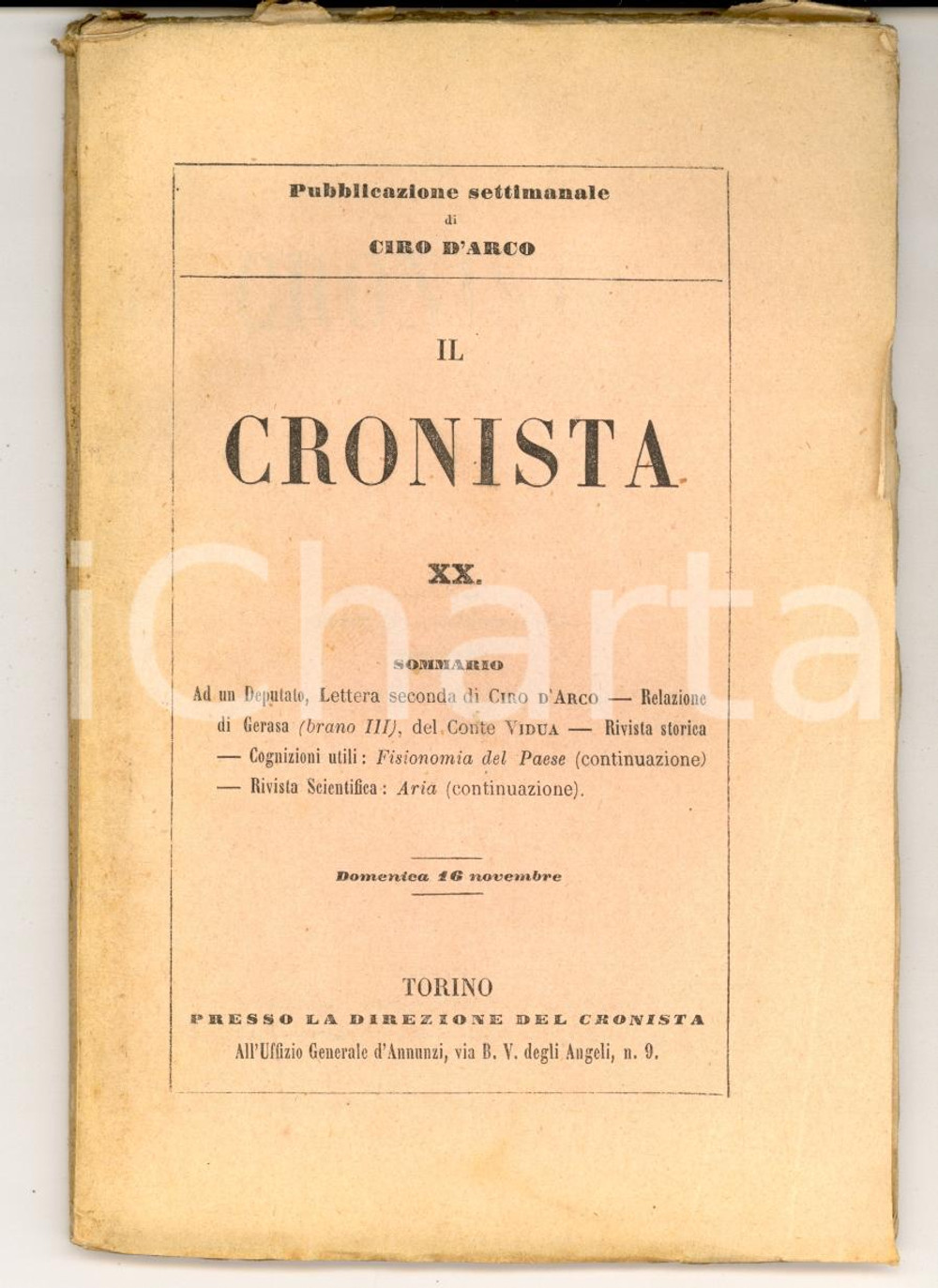 Giornale, rivista storica 1856 TORINO IL CRONISTA Pubblicazione settimanale di Ciro D ARCO  nÂ° 20 1