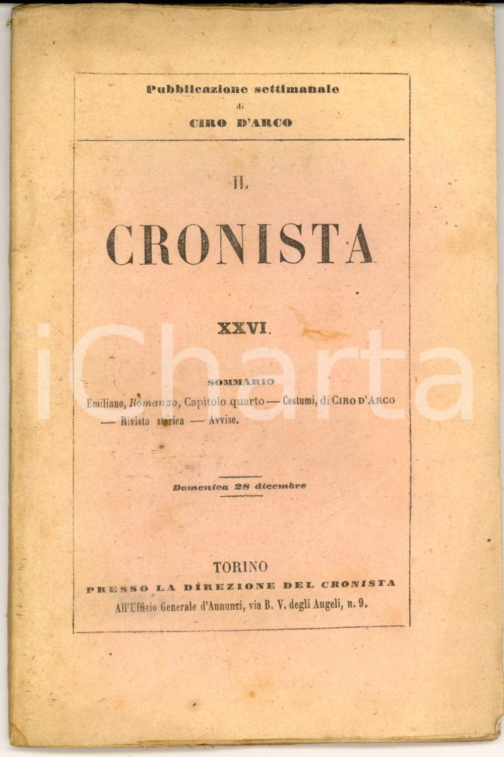 Giornale, rivista storica 1856 TORINO IL CRONISTA Pubblicazione settimanale di Ciro D ARCO  nÂ° 26 1