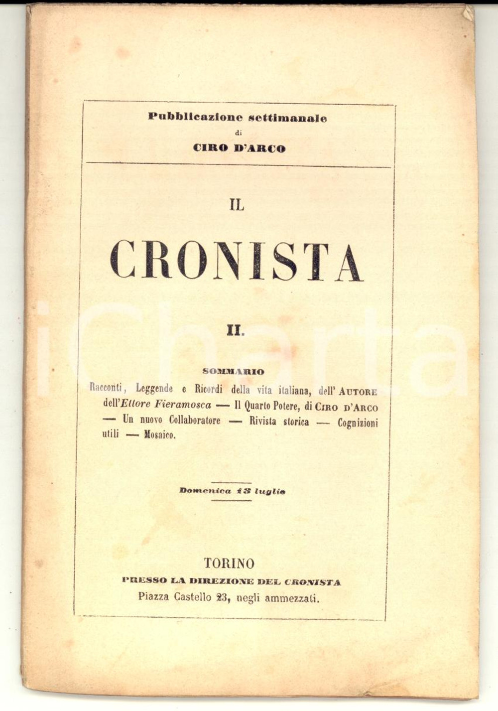 Giornale, rivista storica 1856 TORINO IL CRONISTA Pubblicazione settimanale di Ciro D ARCO  nÂ° 2 1