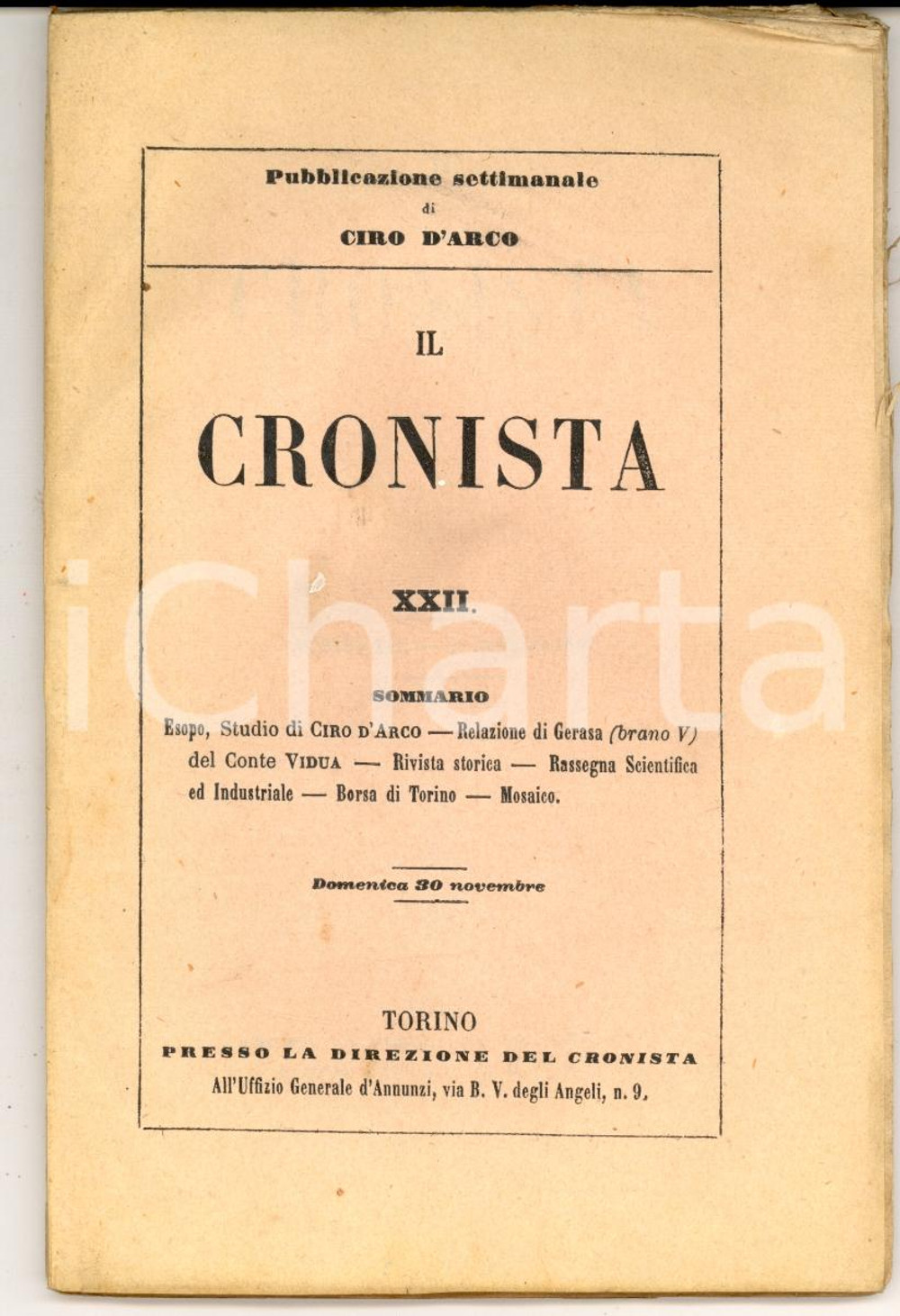 Giornale, rivista storica 1856 TORINO IL CRONISTA Pubblicazione settimanale di Ciro D ARCO  Anno I nÂ° 22 1