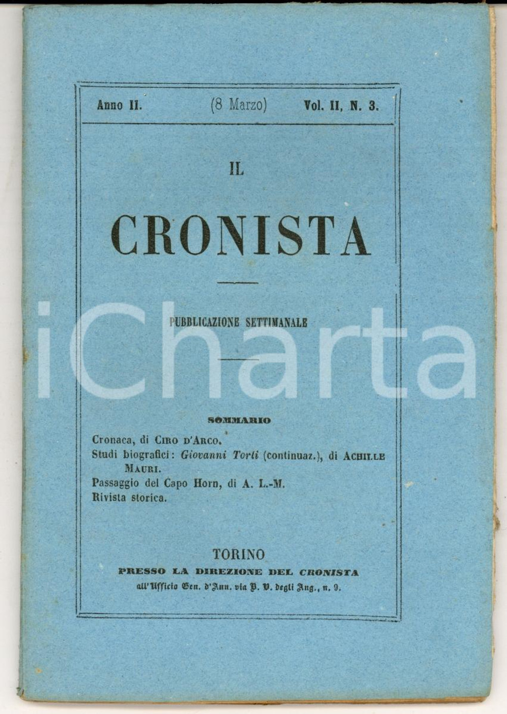 Giornale, rivista storica 1857 TORINO IL CRONISTA Pubblicazione settimanale di Ciro D ARCO  Anno II nÂ° 3 1