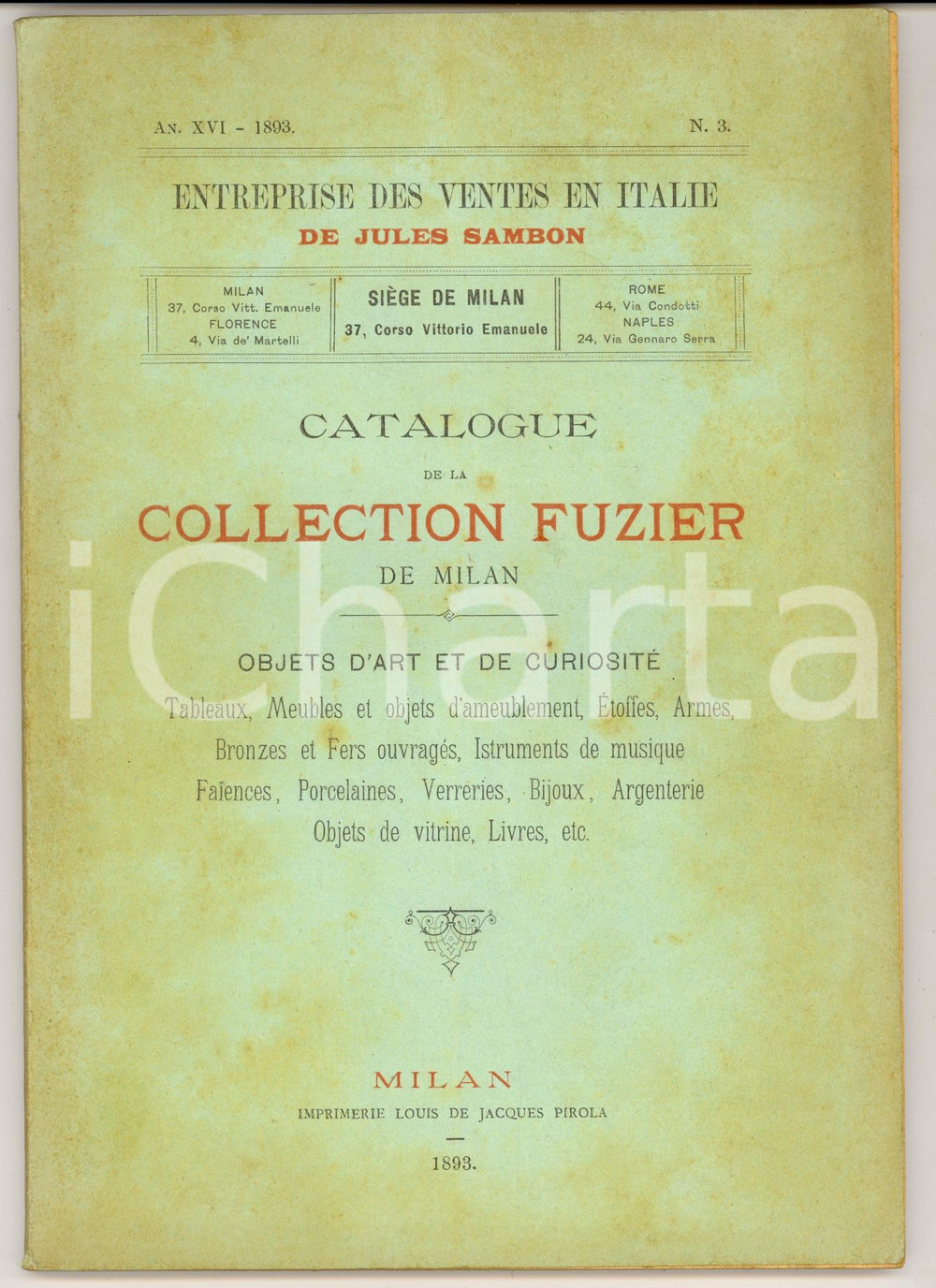 Libro, pubblicazione d epoca 1893 MILANO Catalogo asta collezione Louis FUZIER  Casa Giulio SAMBON 1