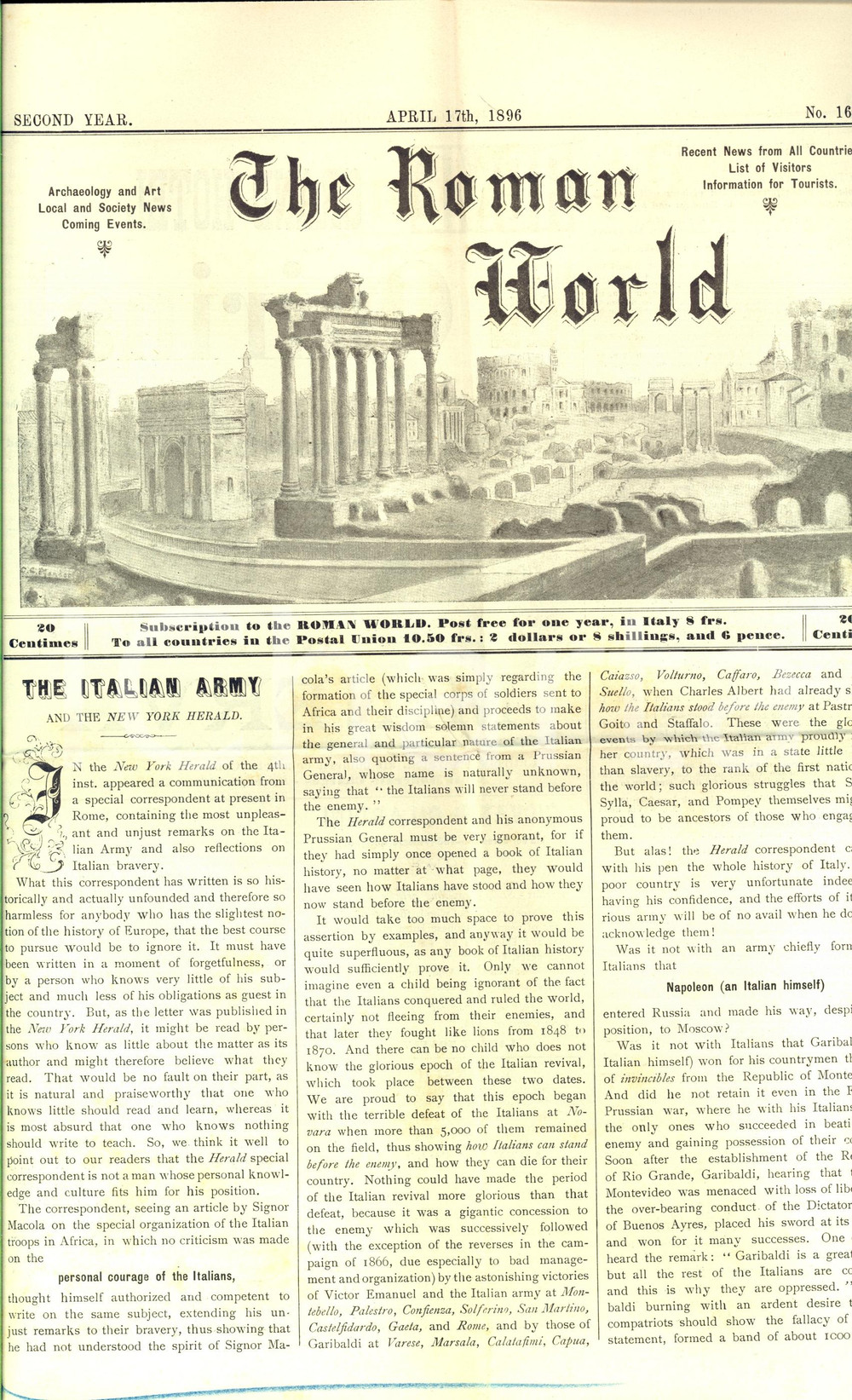 Giornale, rivista storica 1896 THE ROMAN WORLD Archaeology review II  16 GARIBALDI and the Italian Army 1