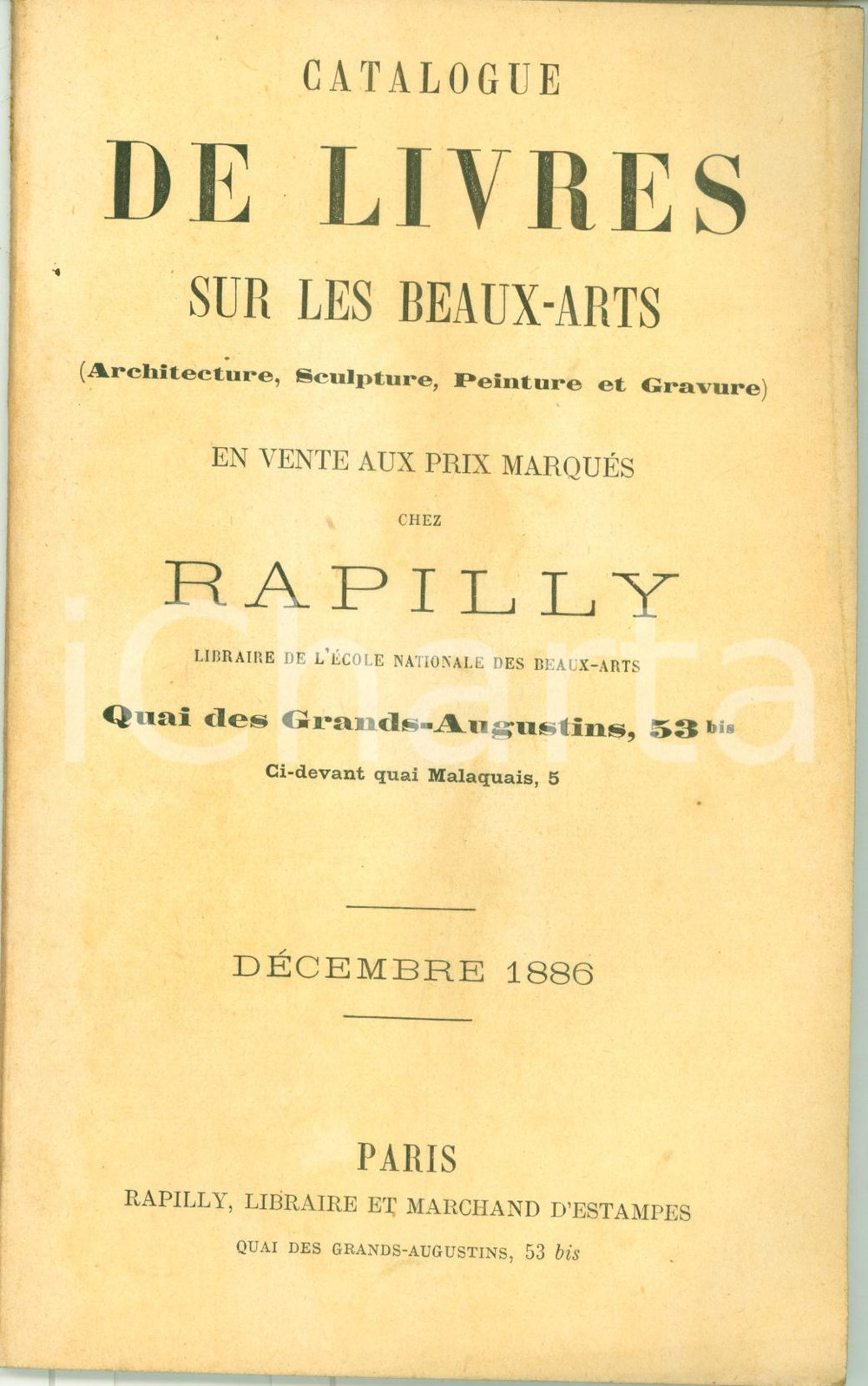 Libro, pubblicazione d epoca 1886 PARIS Librairie RAPILLY Catalogue livres architecture peinture 2000 schede 1