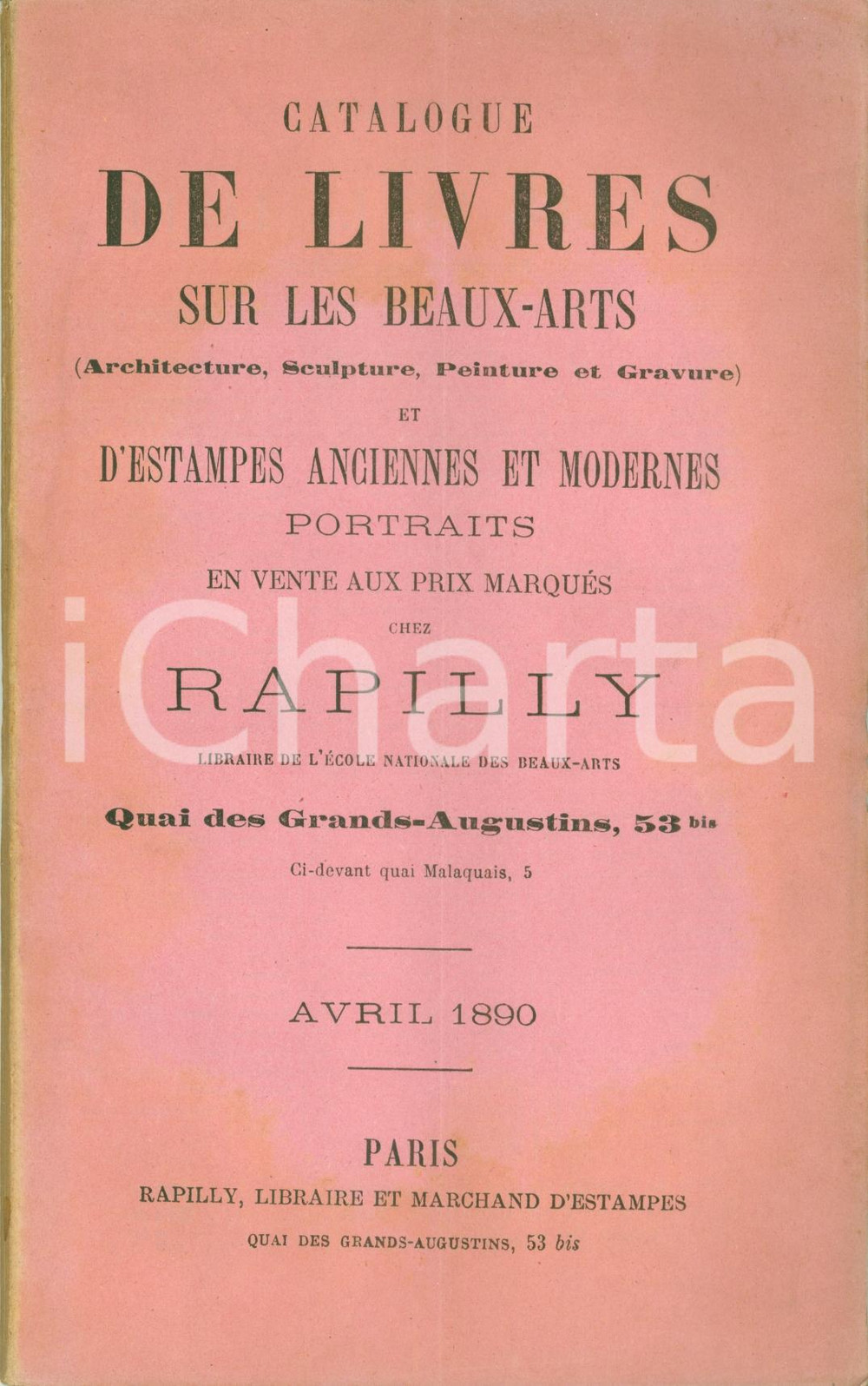 Libro, pubblicazione d epoca 1890 PARIS Librairie RAPILLY Catalogue livres architecture peinture portraits 1